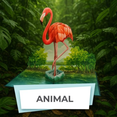 Pop-up card with a flamingo in a natural setting, labeled 'ANIMAL'.