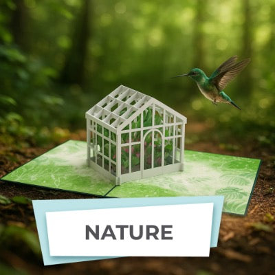Pop-up card with a greenhouse and hummingbird against a nature-themed background