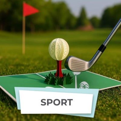 Golf ball and club on a green with a red flag in the background, labeled 'SPORT'.