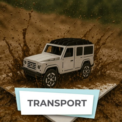 Pop up of a SUV on a textured brown surface with 'TRANSPORT' text overlay