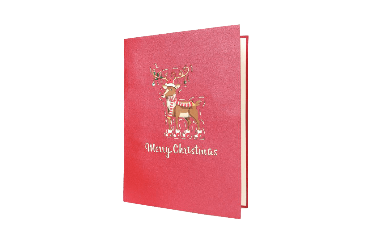 Rudolph with decorations & wintery backdrop - Abra Cards