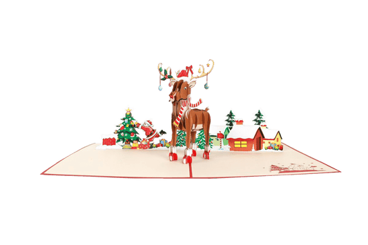 Rudolph with decorations & wintery backdrop - Abra Cards