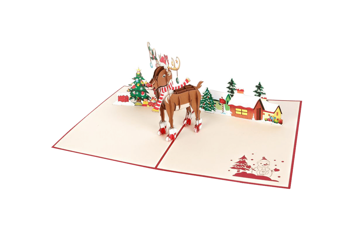 Rudolph with decorations & wintery backdrop - Abra Cards