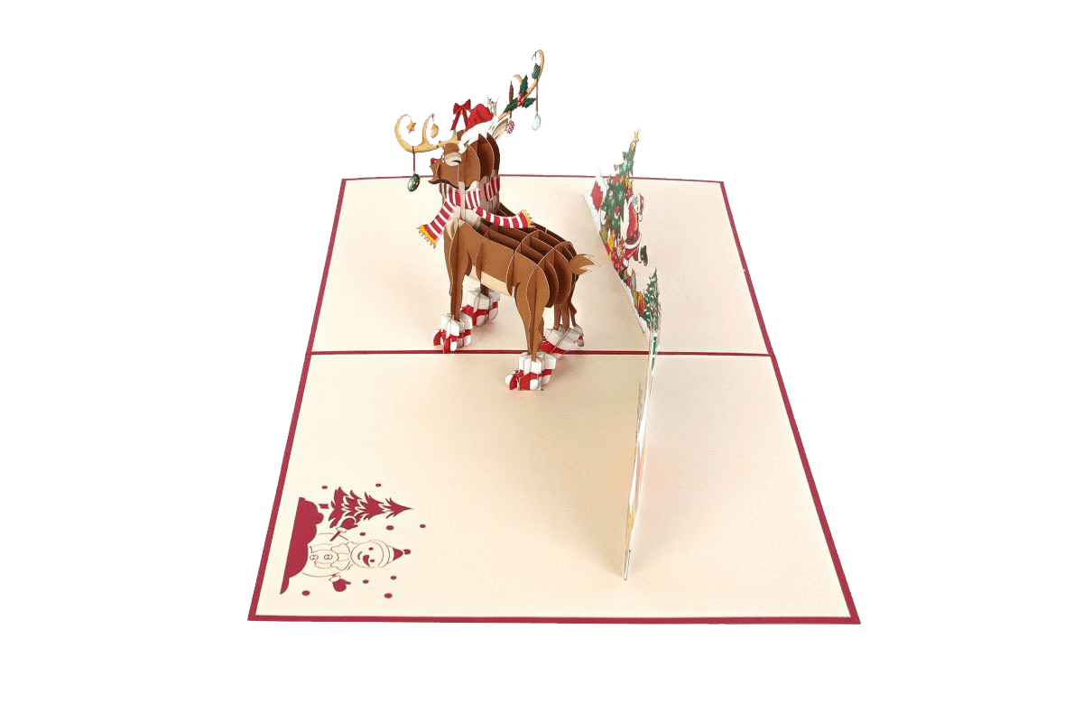 Rudolph with decorations & wintery backdrop - Abra Cards